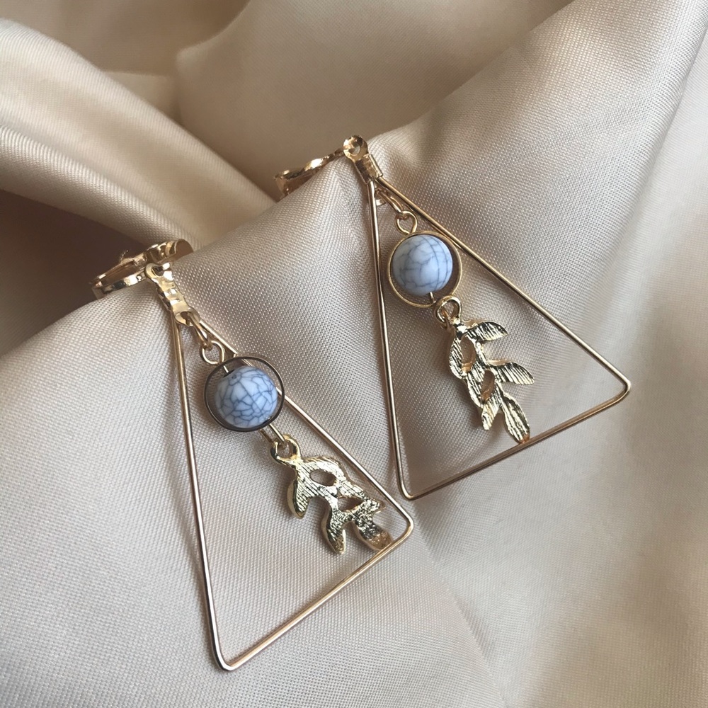 Vintage Triangle Marble Round Beads Leaf Earrings